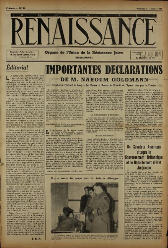 La Nouvelle Renaissance  N°37 (11 janv. 1946)